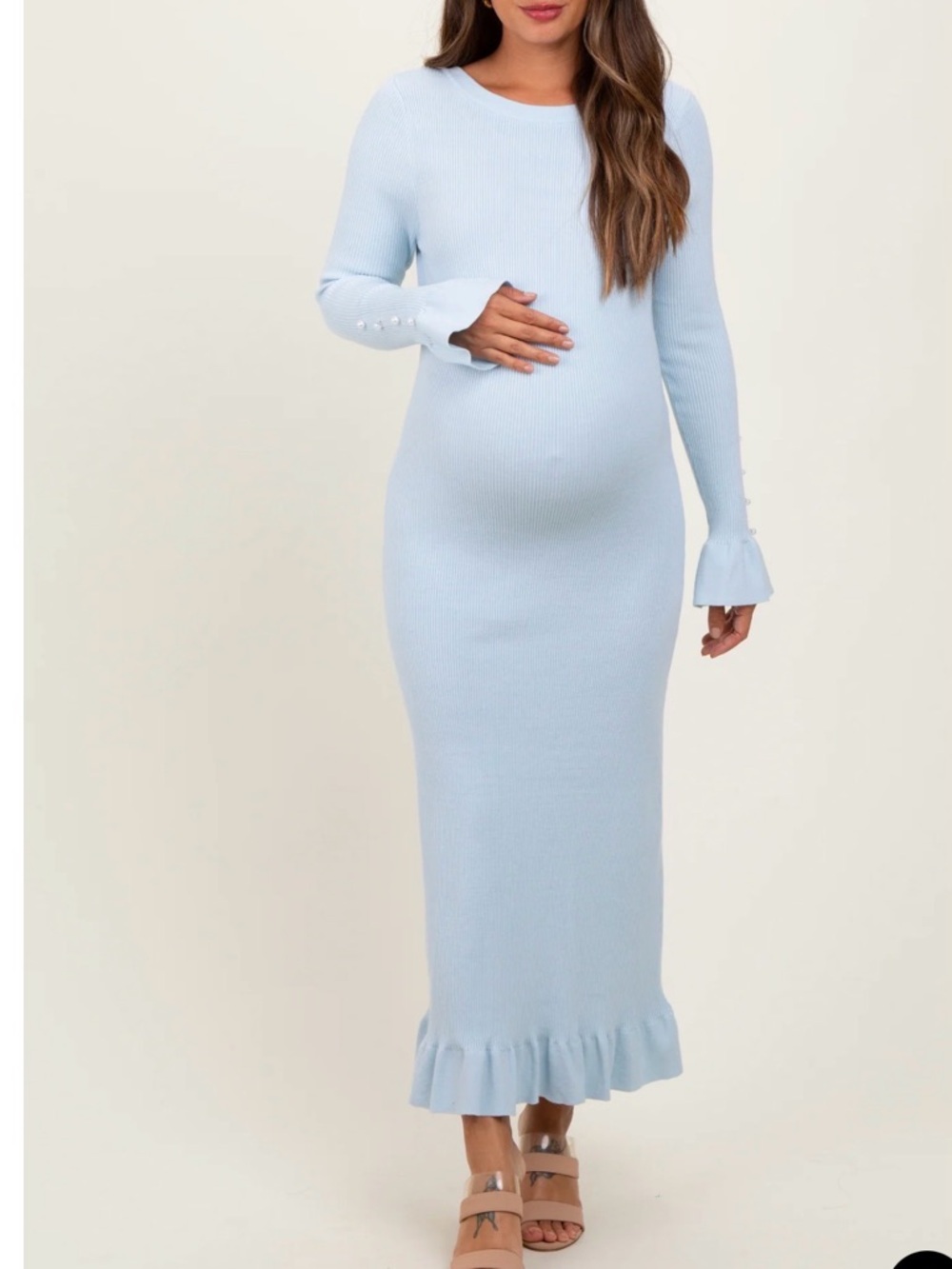 Light Blue Ribbed Knit Bow Back Maternity Maxi Dress, baby shower dress